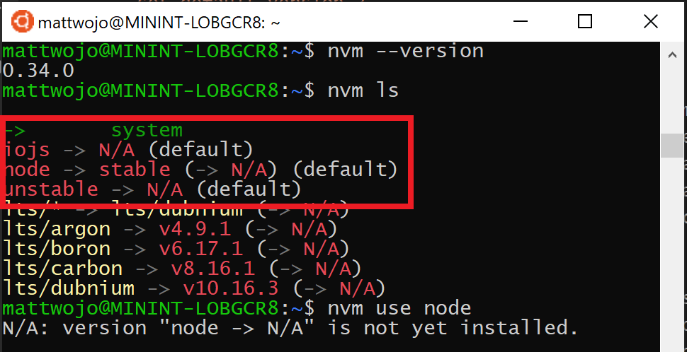 显示无 Node 版本的 NVM 列表