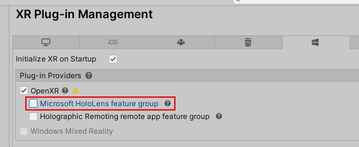 Screenshot of Project Settings Window with with the OpenXR plugin and the Microsoft HoloLens Feature Group highlighted.