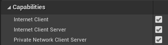 Screenshot of Capabilities options with Internet Client, Internet Client Server, and Private Network Client Server selected