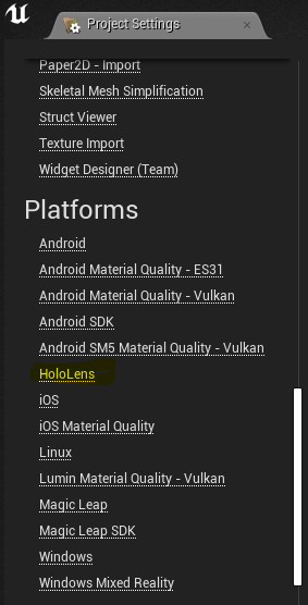 Screenshot of the Platforms section in the Project Settings left panel with HoloLens highlighted