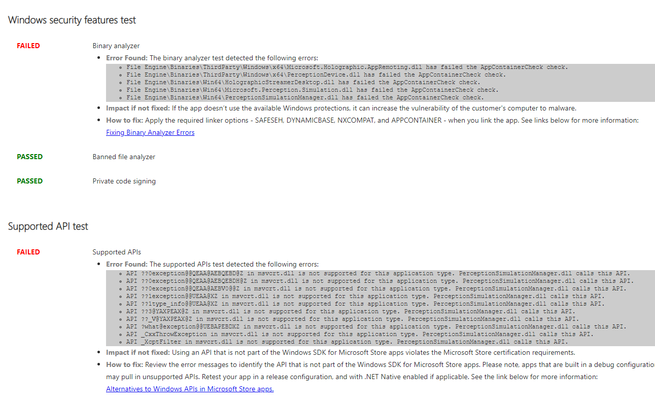 Screenshot of a failed result due to binary analyzer and supported APIs from the windows app certification kit