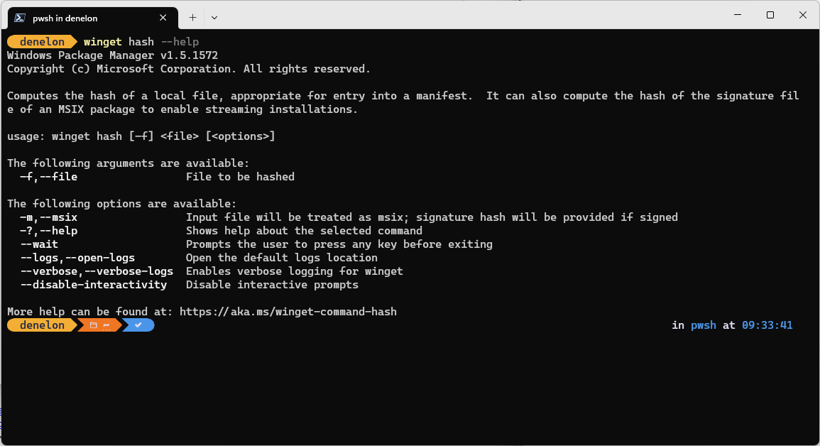 winget hash 命令帮助选项