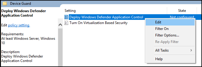 编辑 Windows Defender 应用程序控制的组策略。