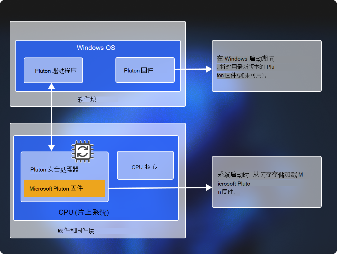 显示 Microsoft Pluton 安全处理器体系结构的关系图