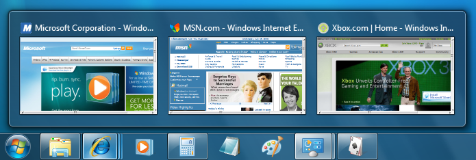 三个任务栏缩略图，这些缩略图代表 Windows Internet Explorer