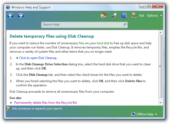 “删除临时文件”帮助页的屏幕截图 