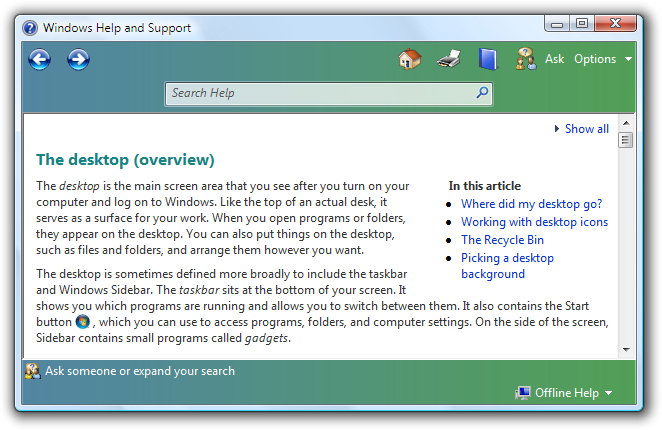 “桌面 (概述) ”帮助页的屏幕截图 