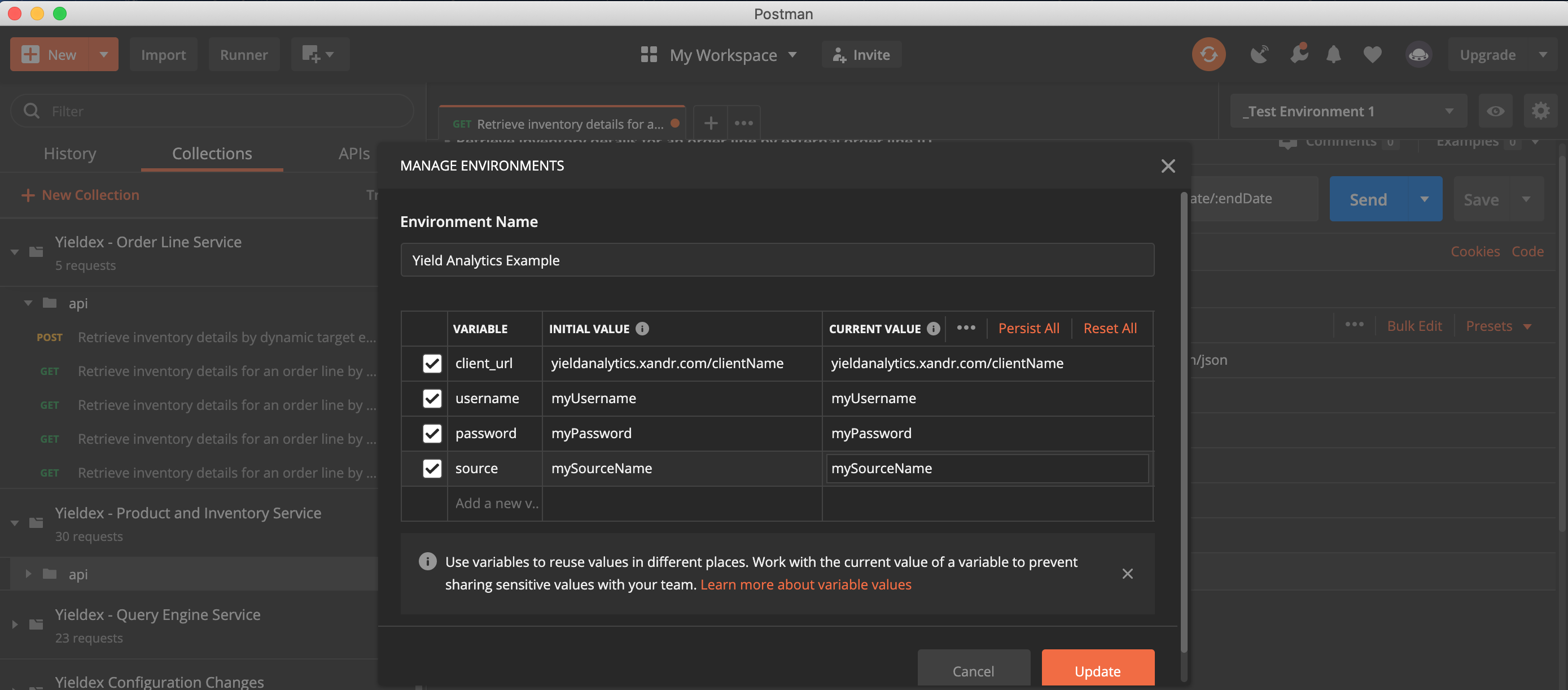 A screenshot that shows the Manage Environments dialog box with some variable names and values added.