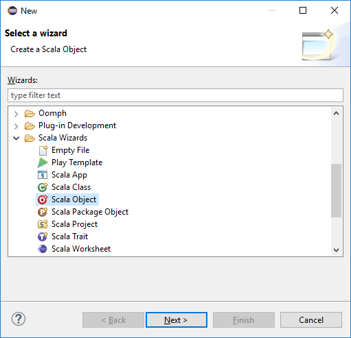 Select a wizard Create a Scala Object.