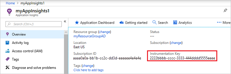 Screenshot that shows the Instrumentation Key on the Application Insights Overview tab.