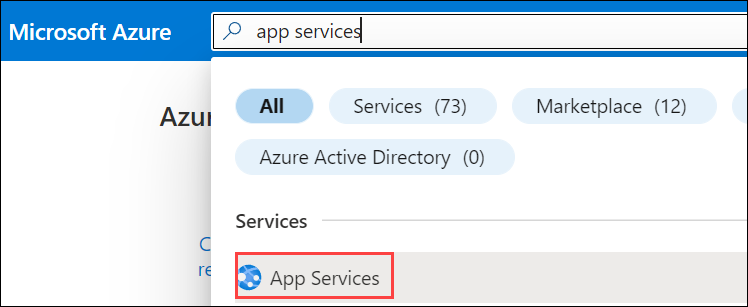 在 Azure 入口網站中搜尋「應用程式服務」的螢幕擷取畫面。