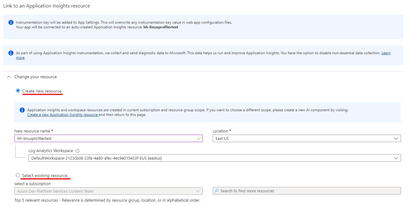 顯示將 Application Insights 連結至新的或現有資源的螢幕擷取畫面。
