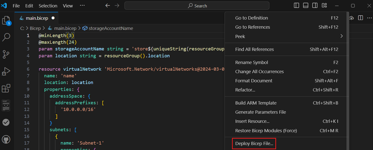 [部署 Bicep 檔案] 選項的螢幕快照。
