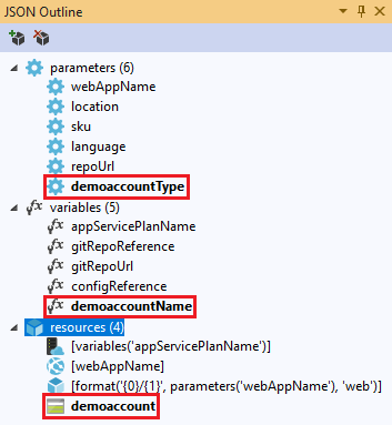 [JSON 大綱] 視窗的螢幕擷取畫面，其中顯示已新增的儲存體帳戶資源。