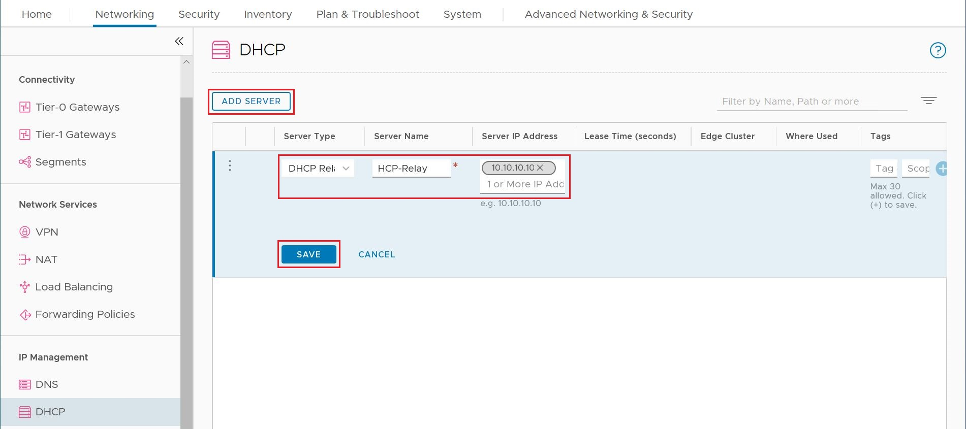 顯示如何在 NSX Manager 中建立 DHCP 轉接服務的螢幕快照。