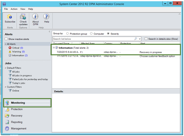 Screenshot shows how to monitor the recovery.