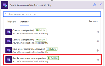 顯示 Azure 通訊服務 身分識別連接器撤銷存取令牌動作的螢幕快照。