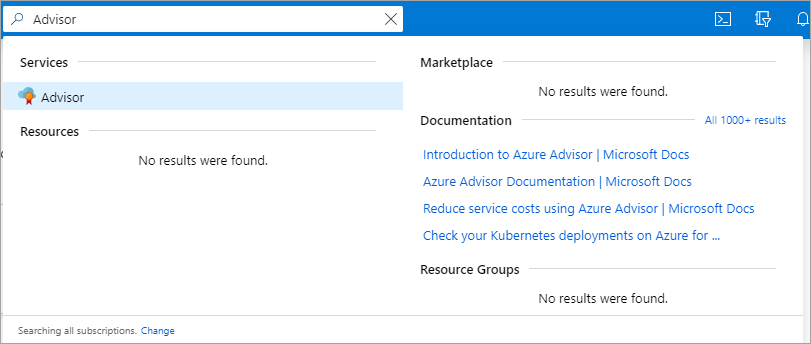 Azure 入口網站中 Azure 建議程式按鈕的螢幕擷取畫面。