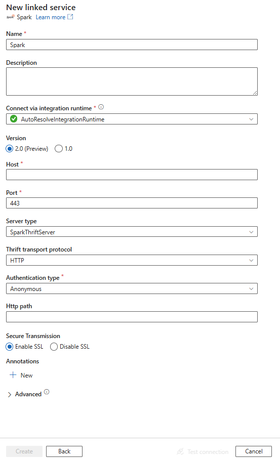 Screenshot of linked service configuration for Spark.