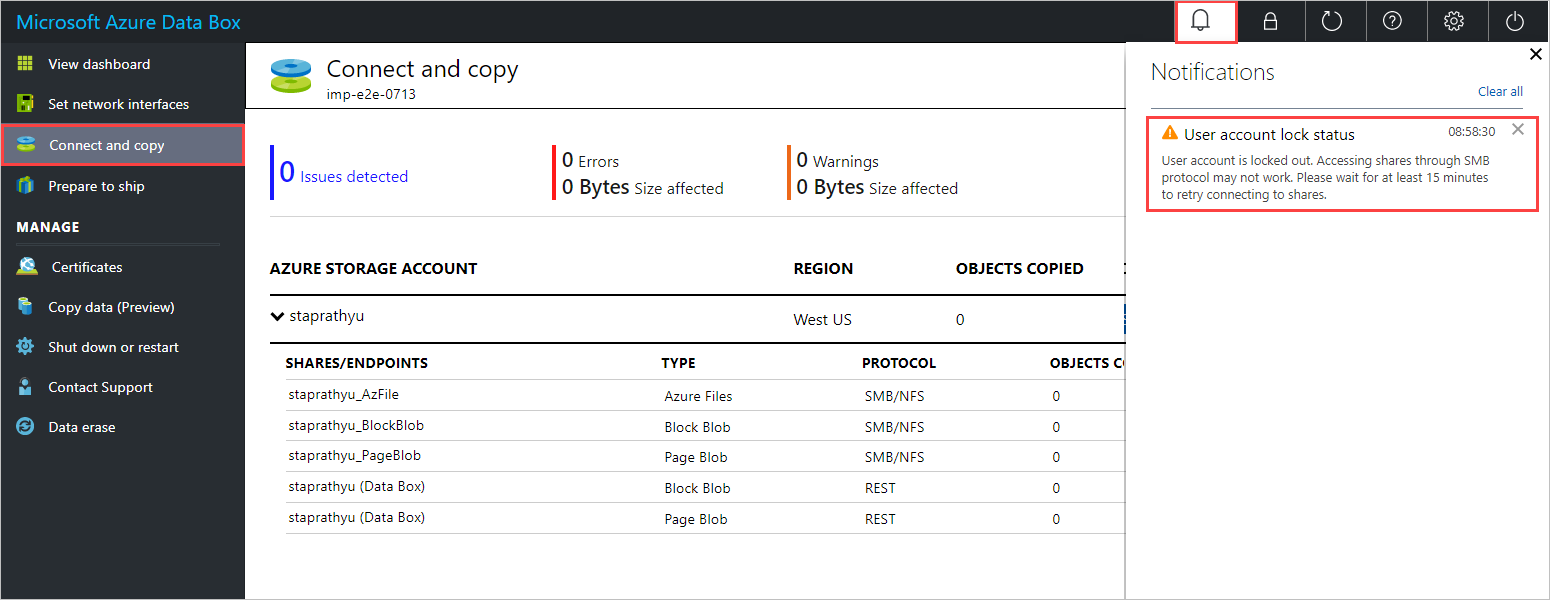 Screenshot of the Notifications pane in the local Web UI for a Data Box. A notification for a locked share account is highlighted.