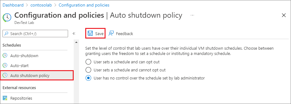 Screenshot showing Auto-shutdown policy options.