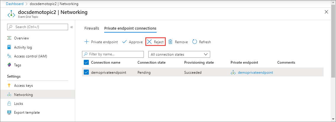 此螢幕快照顯示已選取 [拒絕] 的 [網络 - 私人端點連線]。