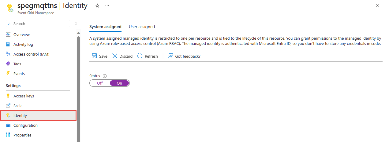 System-assigned identity page for an Event Grid namespace.