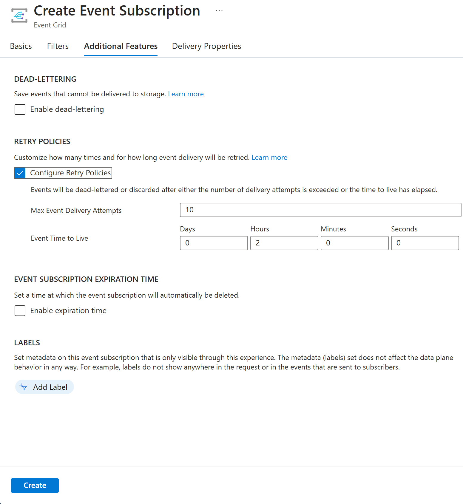 Screenshot showing the retry policy configuration of an event subscription.