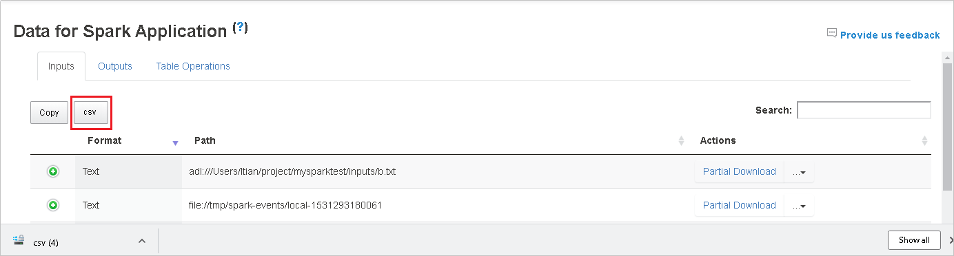 Save data as a .CSV file from the Data for Spark Application page.
