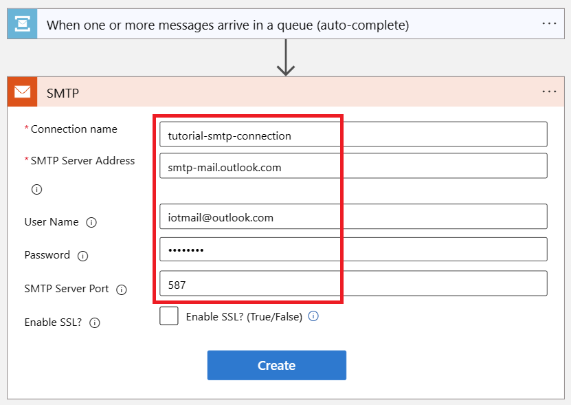 Screenshot that shows configuring the SMTP connection settings in the logic app designer.