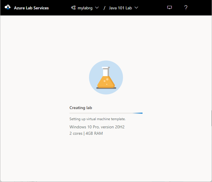 Azure Lab Services 實驗室建立進度頁面的螢幕擷取畫面。