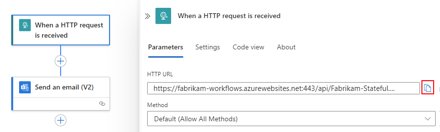 螢幕擷取畫面顯示設計工具，包含「HTTP POST URL」屬性中的要求觸發程序與端點 URL。