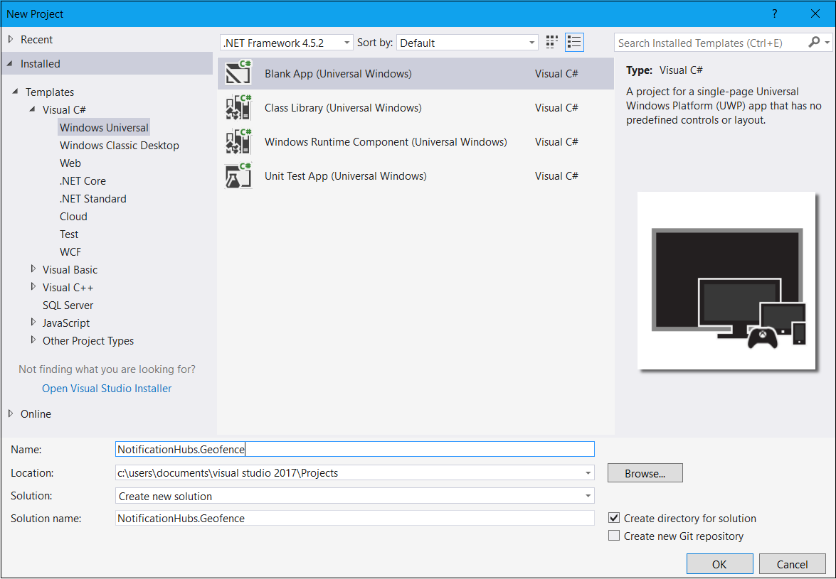 Visual Studio [新增專案] 對話方塊的螢幕擷取畫面，其中已醒目提示 [空白應用程式 (通用 Windows)] Visual C# 選項。