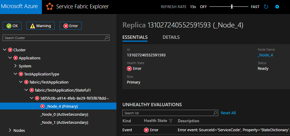 Service Fabric Explorer 中的復本健康情況