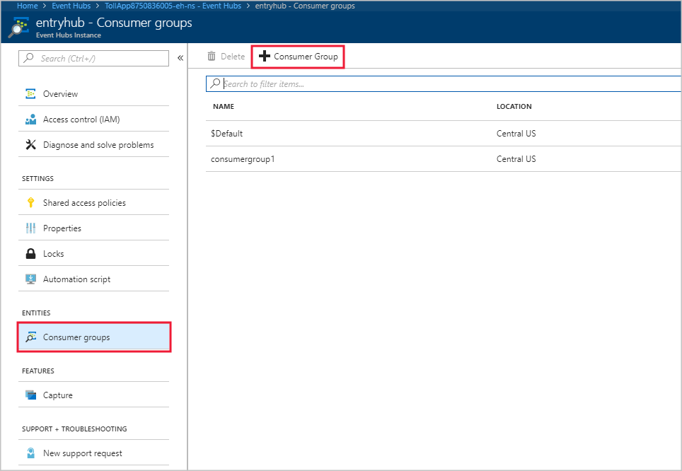 Add a consumer group in Event Hubs