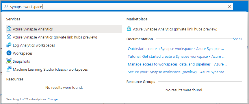 Azure 入口網站搜尋列中輸入了 Synapse 工作區。