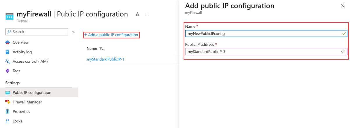 顯示 [新增公用 IP 設定] 窗格並醒目提示 [名稱與公用 IP 位址] 欄位的螢幕擷取畫面。