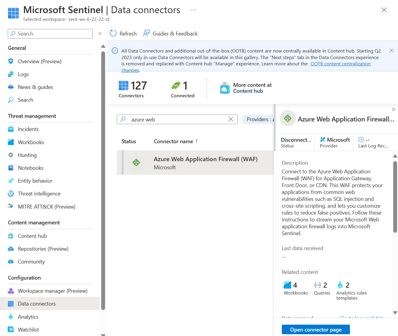 Microsoft Sentinel 中資料連接器的螢幕擷取畫面。