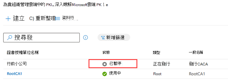 醒目提示 CA 資料表中 [狀態] 資料行的範例螢幕快照。