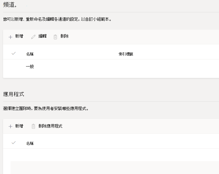 團隊範本頻道、索引標籤和應用程式畫面的影像。