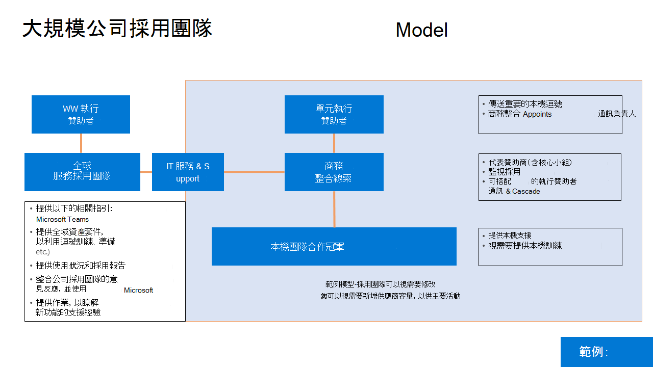 大型企業採用團隊模型的圖例。