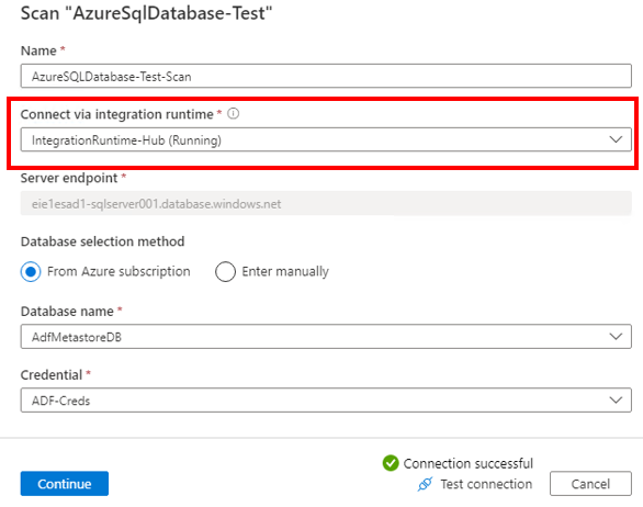 顯示使用自我裝載 IR 執行 Azure 掃描的螢幕快照。