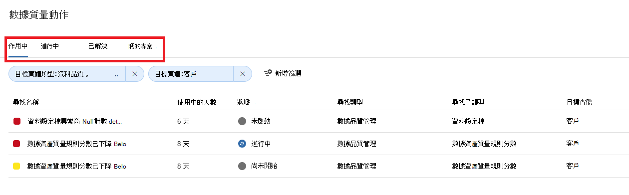 所選資產的數據品質動作螢幕快照。