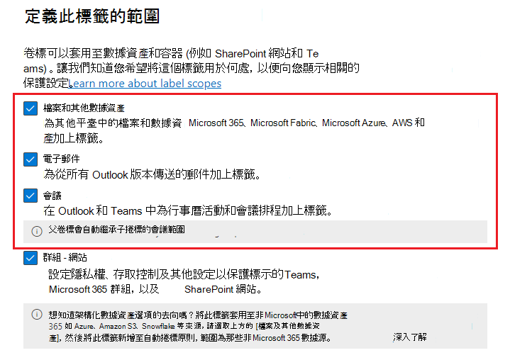 包含檔案、電子郵件和會議之專案的敏感度標籤範圍選項。