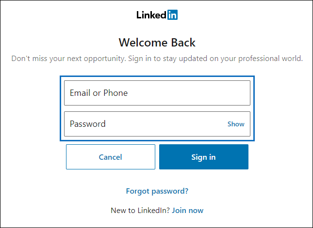 LinkedIn登入頁面。