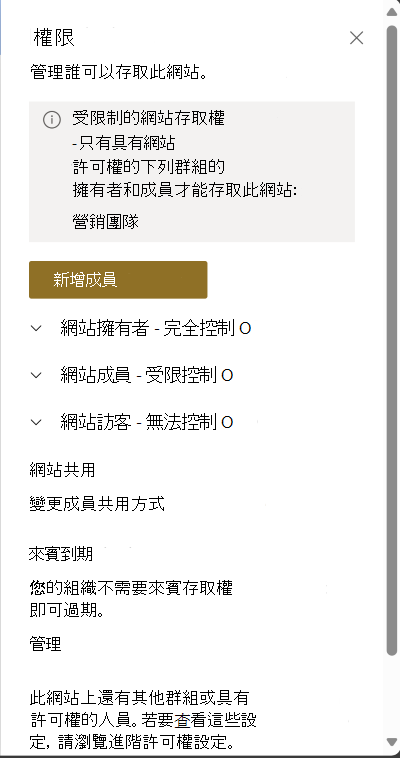 受限制訪問控制的網站許可權頁面螢幕快照。