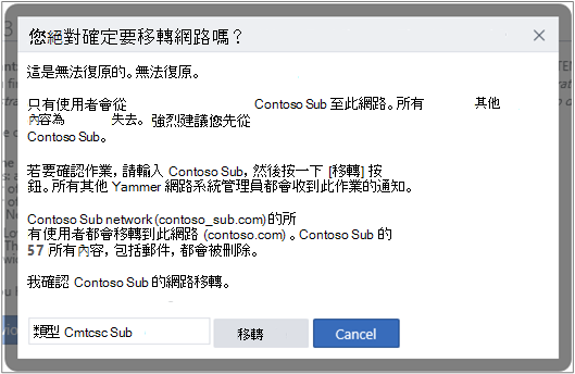 [確認您要移轉 Viva Engage 網络] 對話框的螢幕快照。