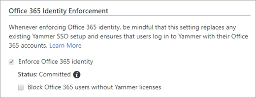 Yammer 安全性設定中 [封鎖沒有 Yammer 授權的使用者 Office 365] 複選框的螢幕快照。