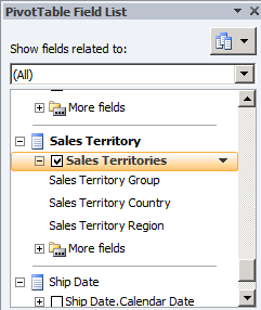 欄位清單中的 Sales Territories 階層，