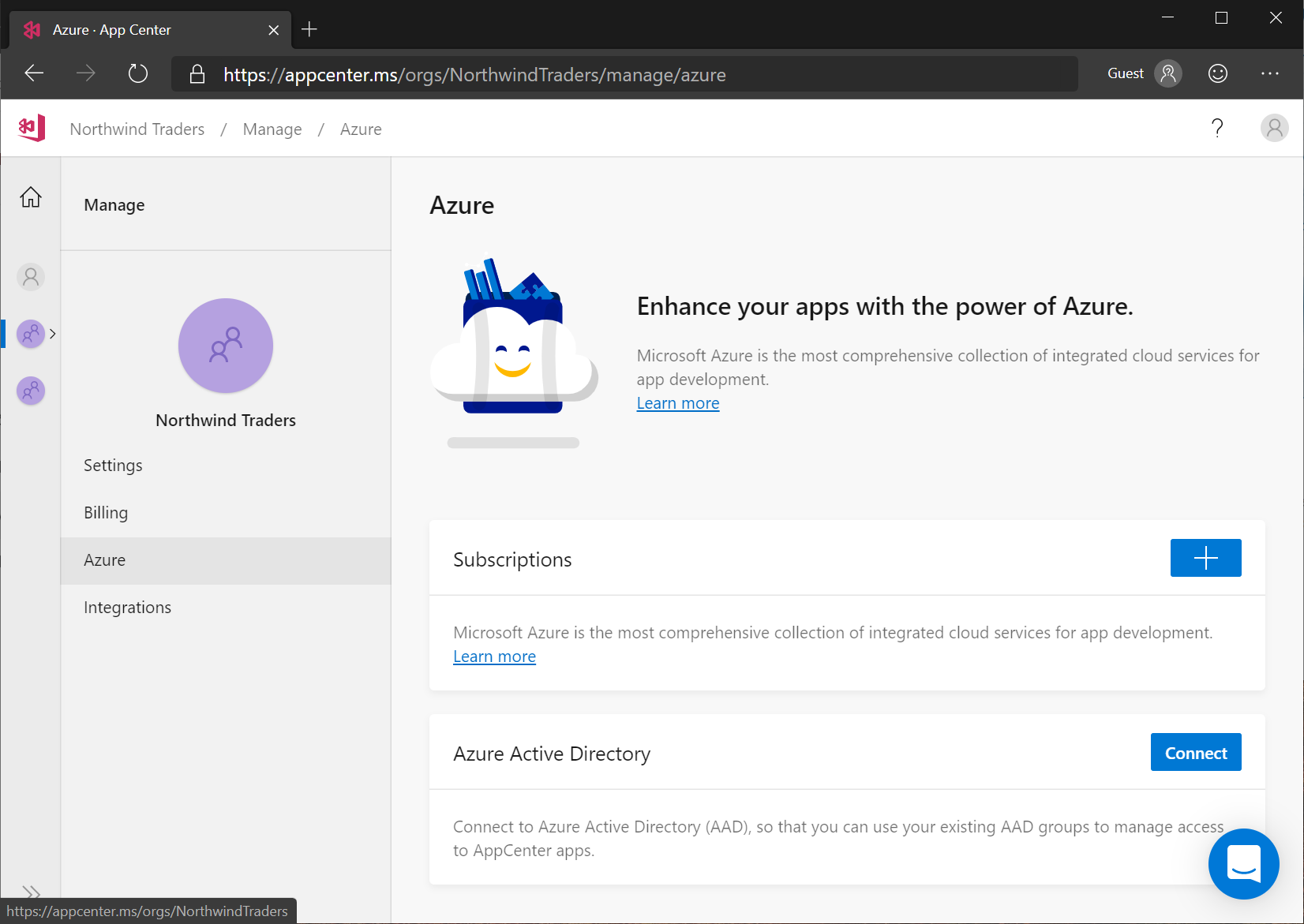 App Center：管理貴組織的 Azure 連線